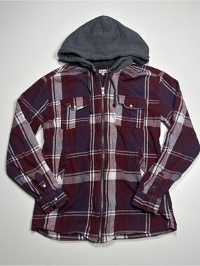 Kismet Burgundy and Gray Plaid Hooded zip up sweater